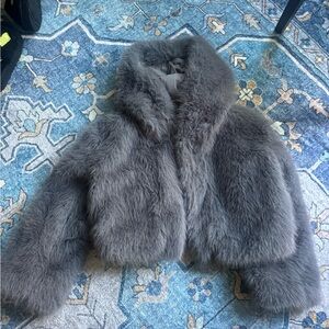 Gray Faux Fur Cropped Jacket - Women's Coat